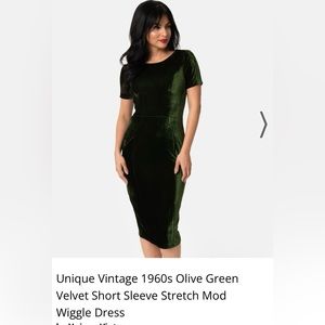 Unique Vintage 1960’s Olive Green Velvet Short Sleeve Stretch Mod Wiggle Dress